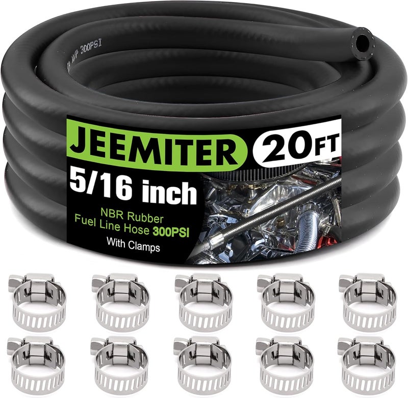 Jeemiter 5/16" ID (8mm) Fuel Line Hose 20FT - SAE 30R7 NBR Rubber Universal Kit with 10 Clamps - Long Length for Automotive, Small Engine, Marine Gas & Oil Lines - Image 1
